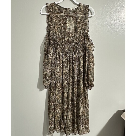 Zara Basic Collection Sz M Cold Shoulder Brown Sheer Midi Dress Floral Paisley - Picture 2 of 12